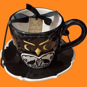 Blue Sky Clay Works Moody Owls Tea Cup & Saucer Set Ceramic Heather Goldminc NWT
